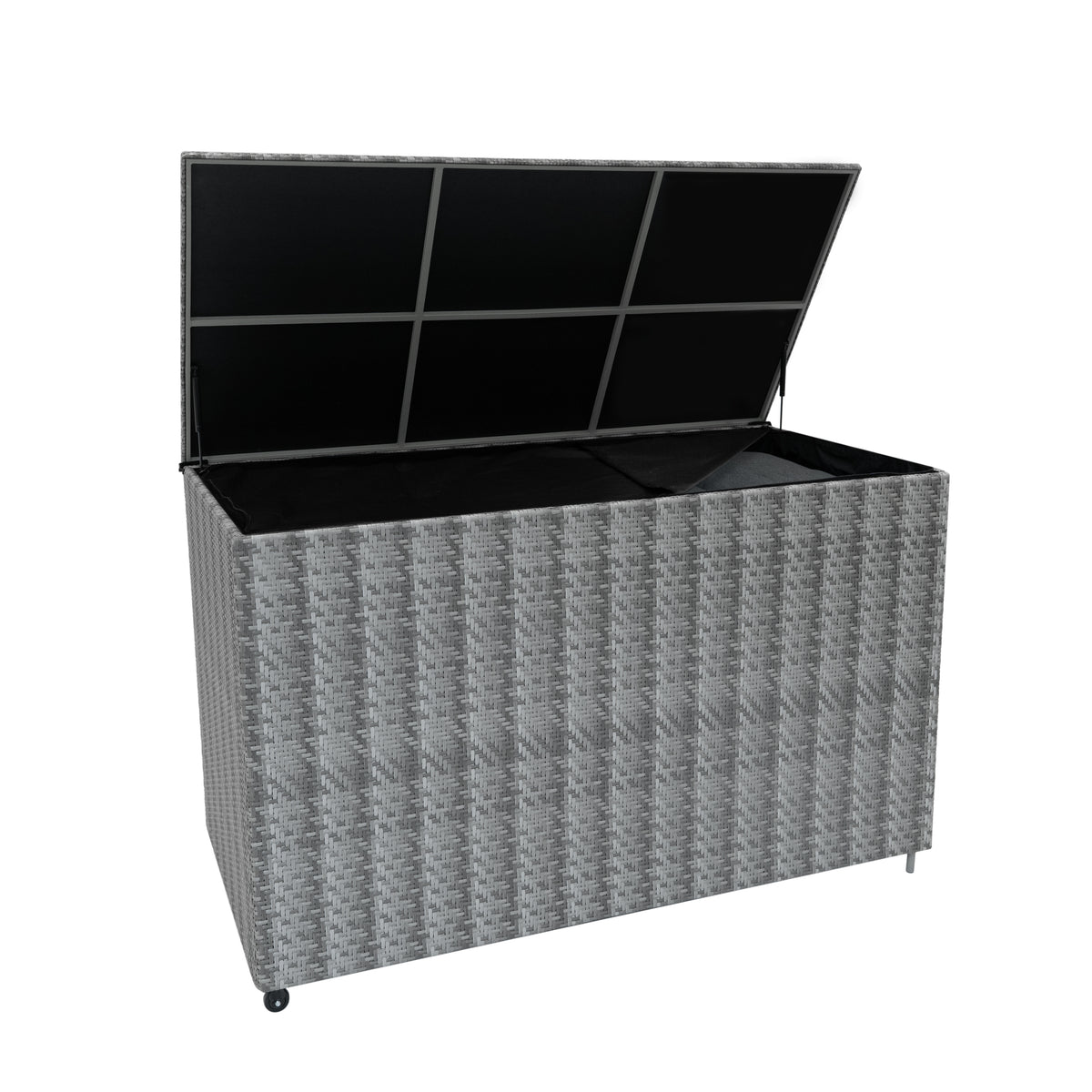 Grau geflochtene Rattan Kissenbox mit offenem Deckel, geräumig und robust, ideal zur Aufbewahrung von Kissen und Gartenaccessoires