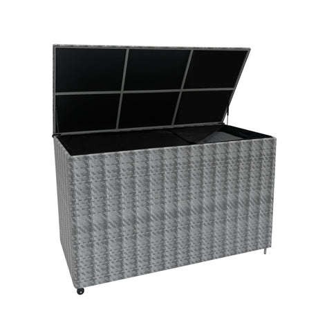 Grau geflochtene Rattan Kissenbox mit offenem Deckel, geräumig und robust, ideal zur Aufbewahrung von Kissen und Gartenaccessoires