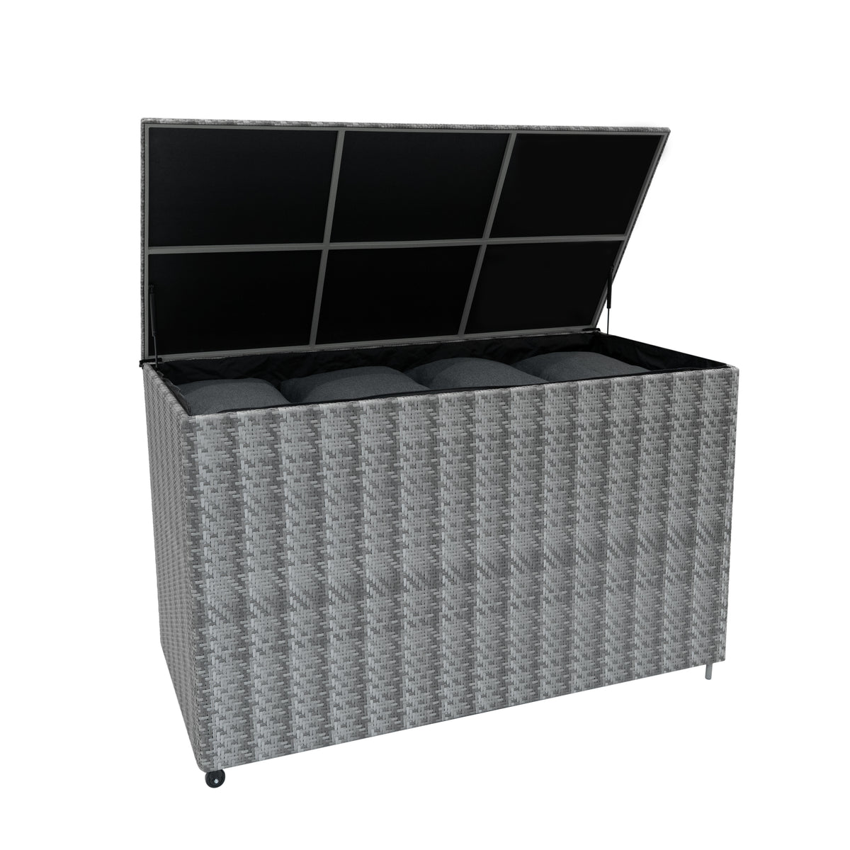 Grau geflochtene Rattan Kissenbox mit einem großen, offenen Deckel und vier grauen Kissen, ideal für die Aufbewahrung im Garten oder auf der Terrasse
