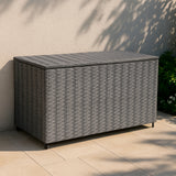 Grau geflochtene Rattan Kissenbox mit geräumigem Innenraum, ideal zur Aufbewahrung von Kissen und Decken, wetterfest und stilvoll für den Außenbereich