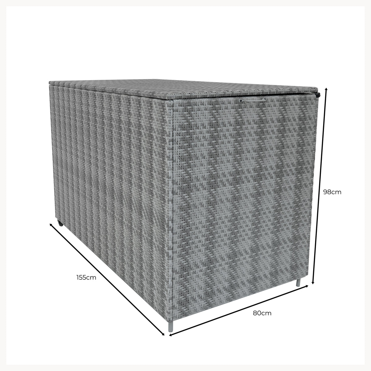 Grau geflochtene Rattan Kissenbox mit stabilen Beinen, rechteckig, 155 cm lang, 80 cm breit und 98 cm hoch, ideal für die Aufbewahrung von Kissen und Decken