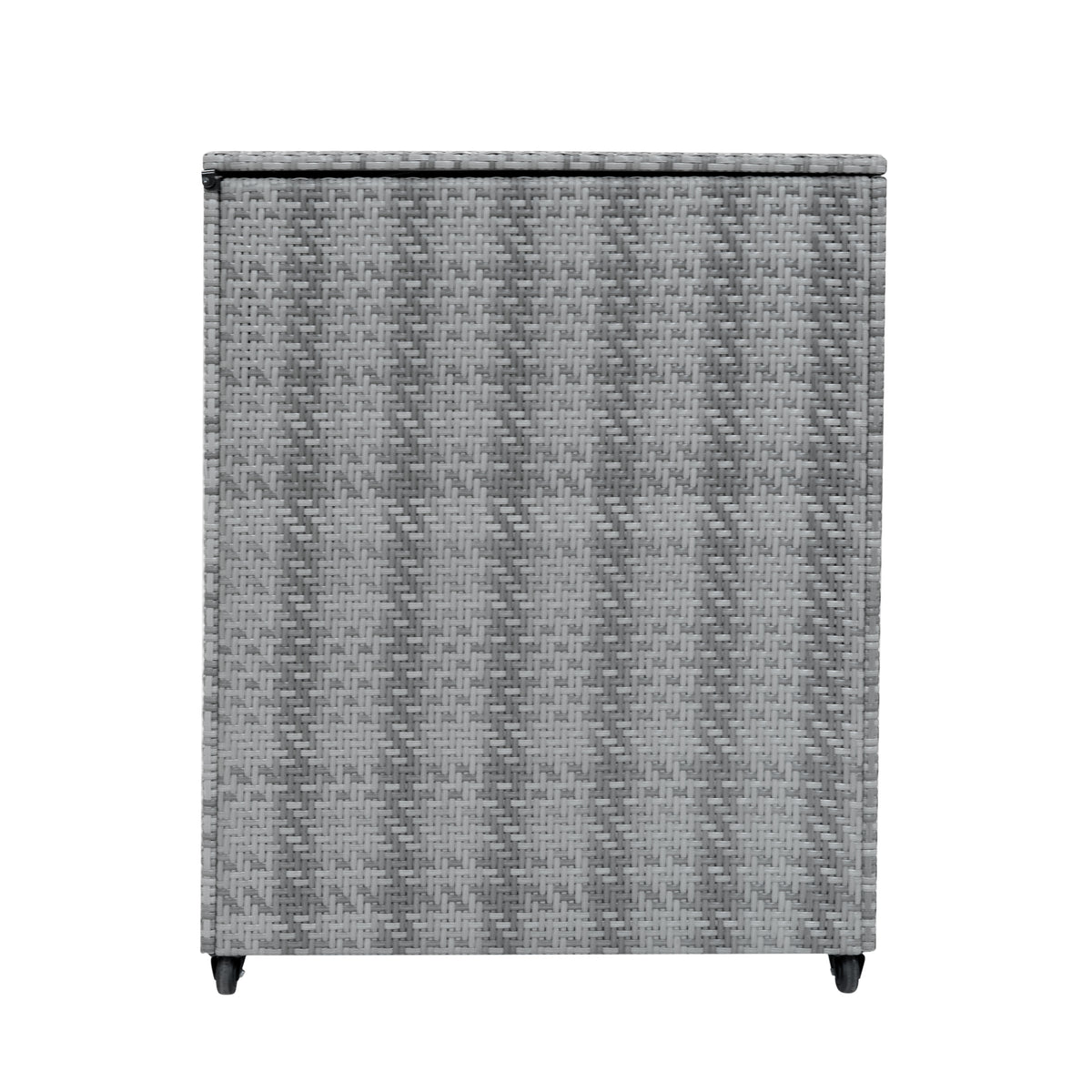 Grau geflochtene Rattan Kissenbox mit glatter Oberfläche, rechteckiger Form und stabilen Füßen, ideal für die Aufbewahrung im Außenbereich