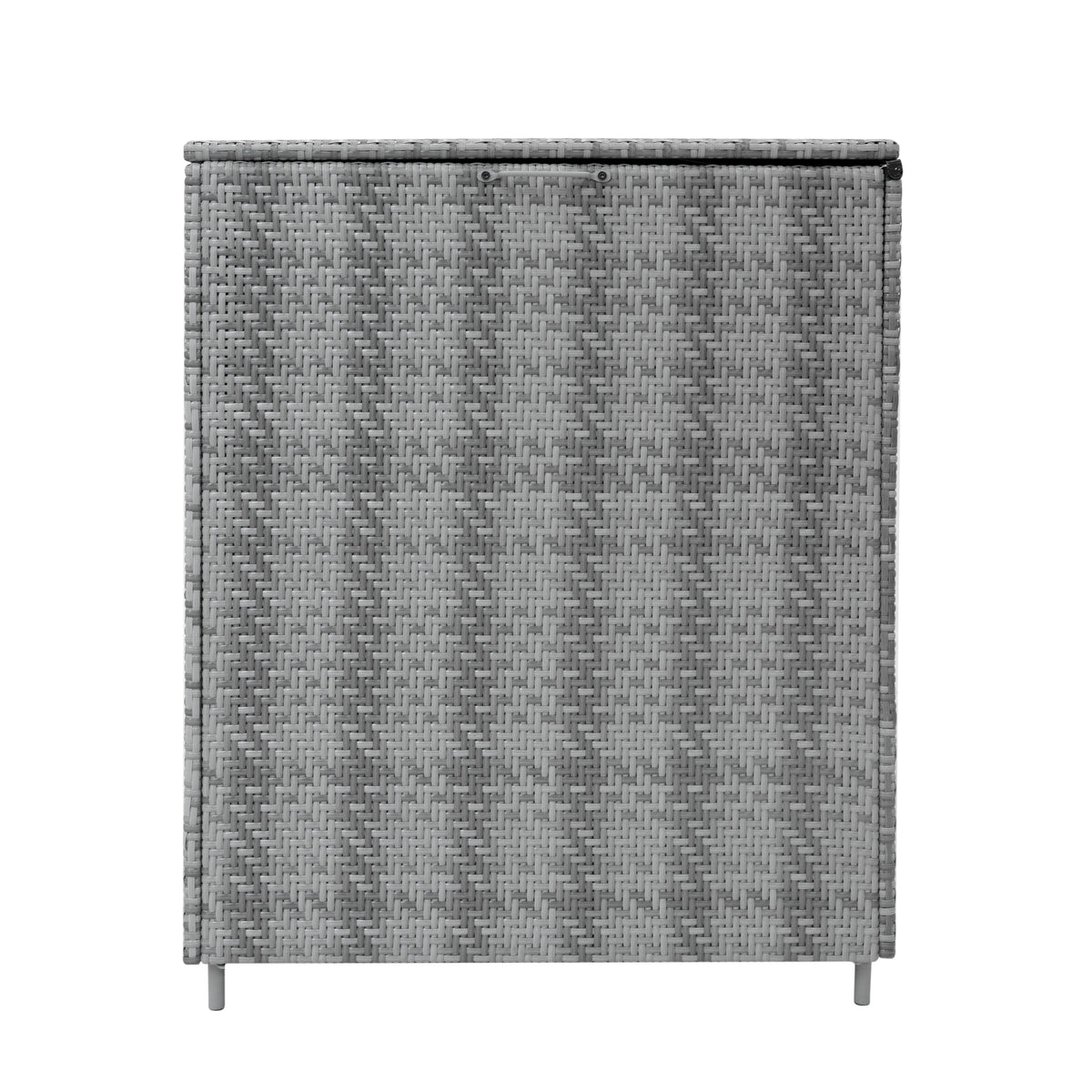 Graue Rattan Kissenbox mit strukturiertem Gewebe, rechteckiger Form und stabilen Metallfüßen, ideal zur Aufbewahrung von Polstern und Gartenaccessoires