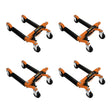 Vier hydraulische Positionierungsschlitten in leuchtendem Orange und Schwarz, mit robusten Rollen für einfache Mobilität und stabiler Konstruktion