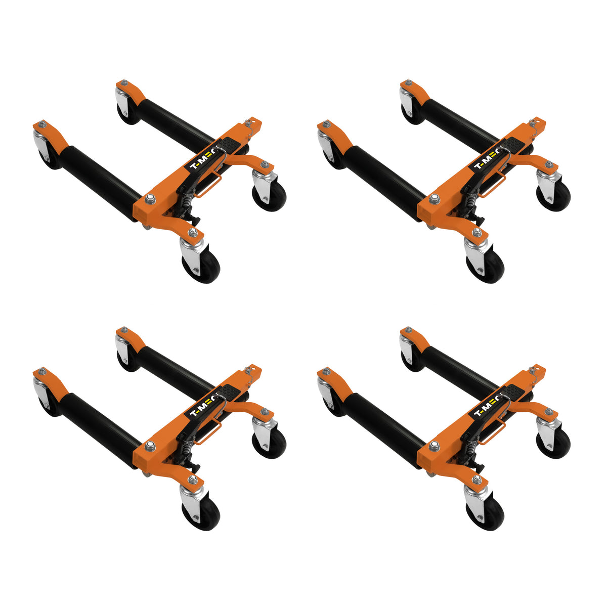 Vier hydraulische Positionierungsschlitten in leuchtendem Orange und Schwarz, mit robusten Rollen für einfache Mobilität und stabiler Konstruktion