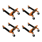Vier hydraulische Positionierungsschlitten in leuchtendem Orange und Schwarz, mit robusten Rollen für einfache Mobilität und stabiler Konstruktion