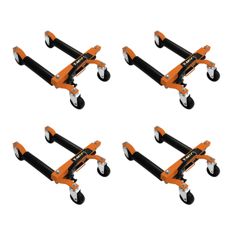 Vier hydraulische Positionierungsschlitten in leuchtendem Orange und Schwarz, mit robusten Rollen für einfache Mobilität und stabiler Konstruktion