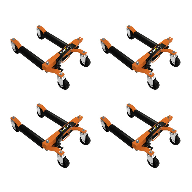 Vier hydraulische Positionierungsschlitten in leuchtendem Orange und Schwarz, mit robusten Rollen für einfache Mobilität und stabiler Konstruktion