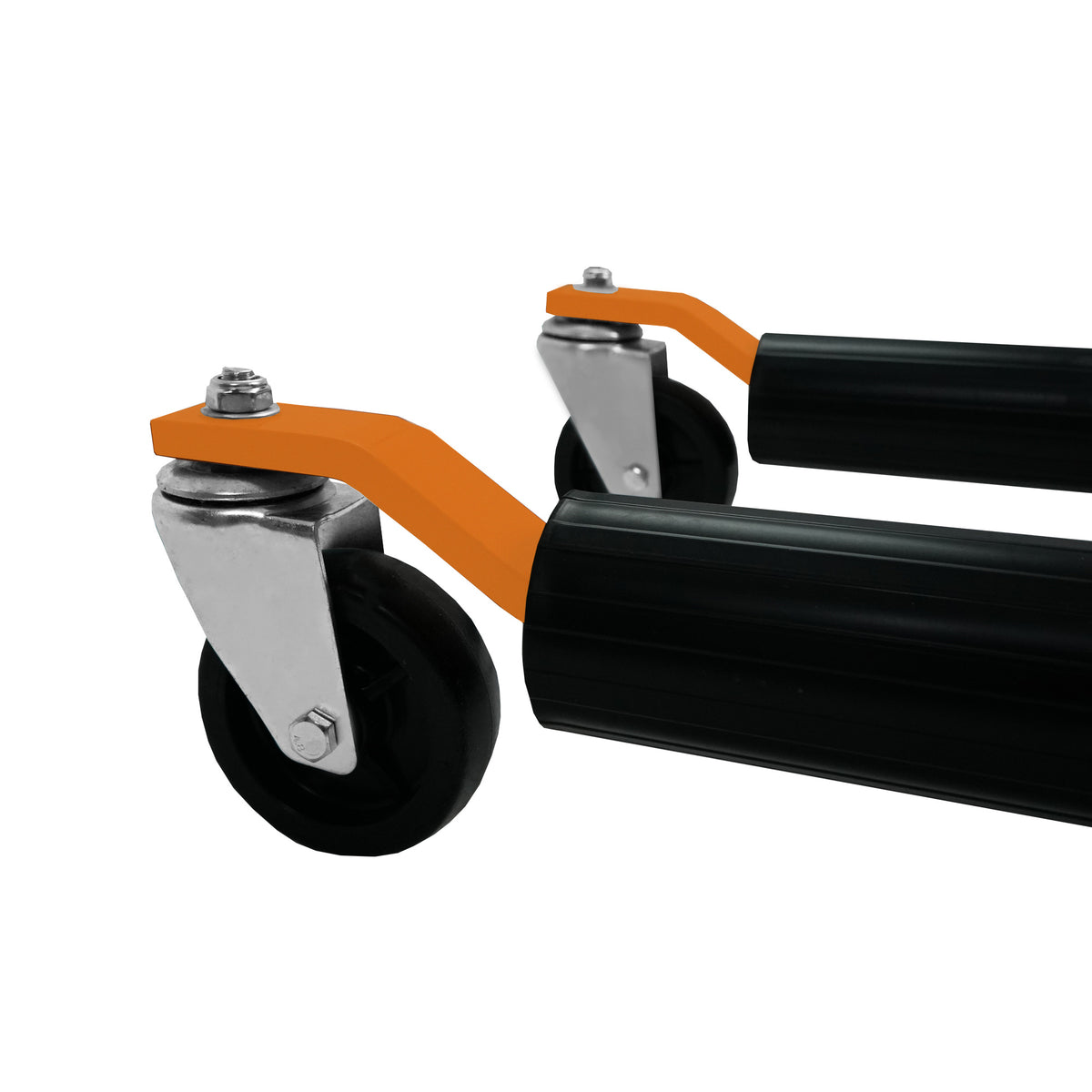 Schwarze hydraulische Positionierungsschlitten mit orangefarbenen Griffen und robusten, gummierten Rollen für einfache Mobilität und Stabilität