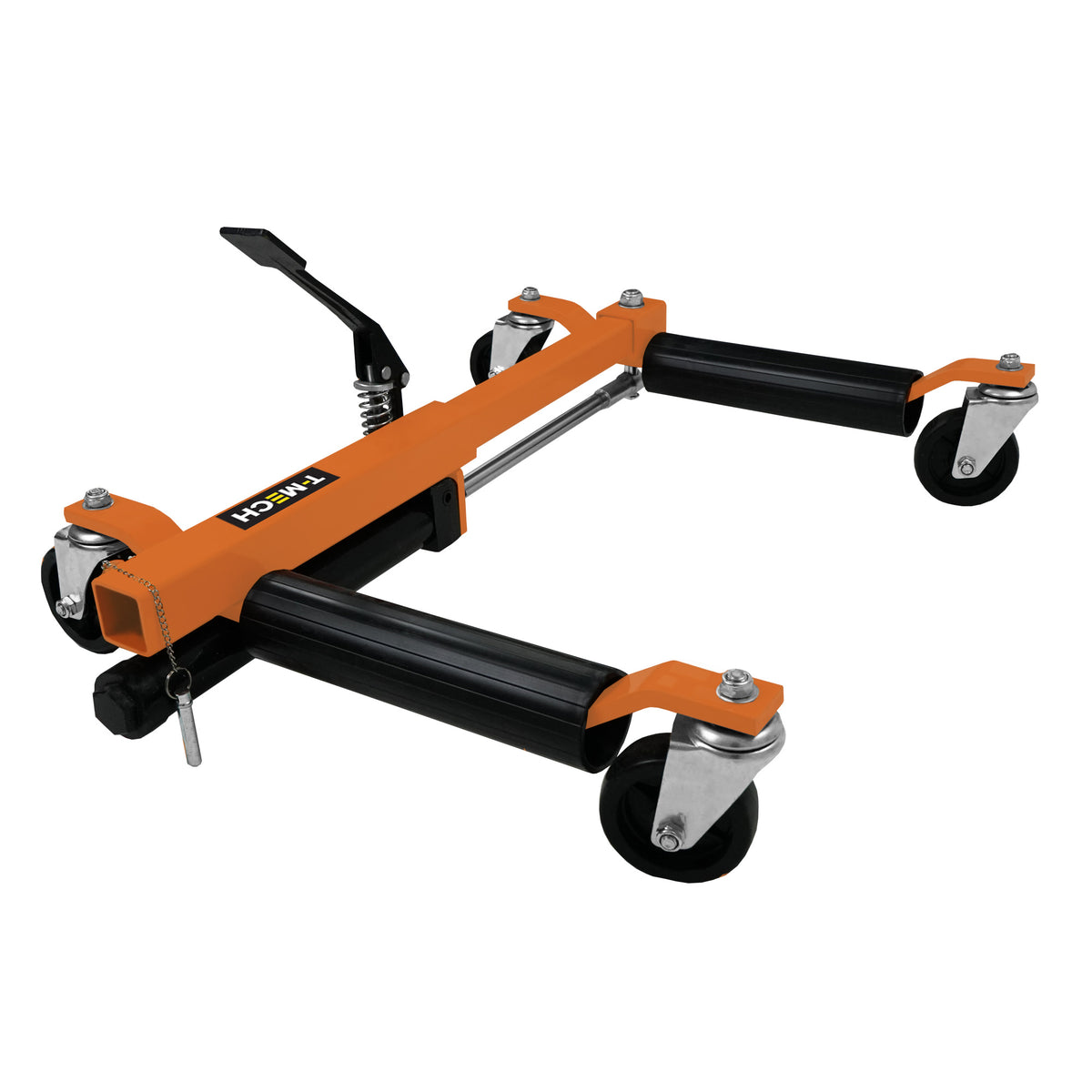 Hydraulischer Positionierungsschlitten in leuchtendem Orange mit robusten Gummirädern, verstellbaren Rollen und stabiler Bauweise für präzise Bewegungen