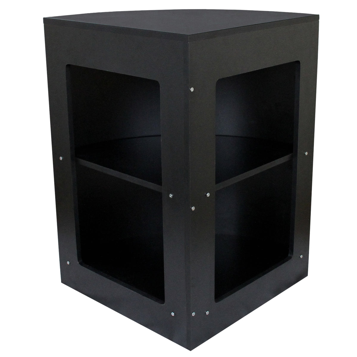 Eckiger Ladentresen in Schwarz mit zwei offenen Regalen, aus robustem Material, ideal für Verkaufsräume und Ausstellungen