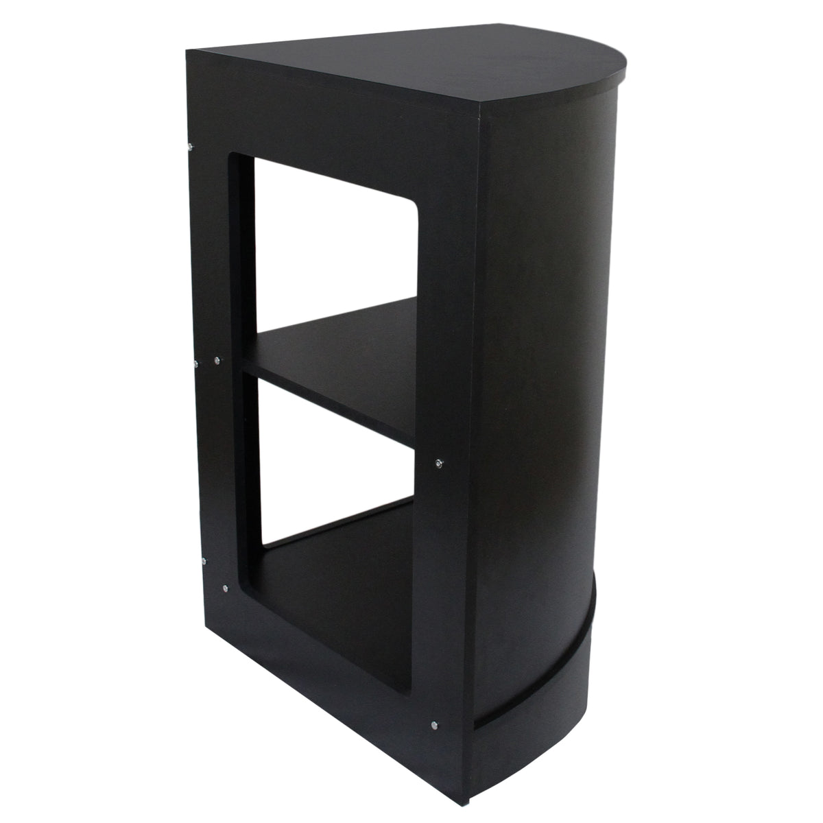Eckiger Ladentresen in elegantem Schwarz, mit glatter Oberfläche, zwei offenen Regalen und abgerundeten Kanten für modernes Design und Funktionalität