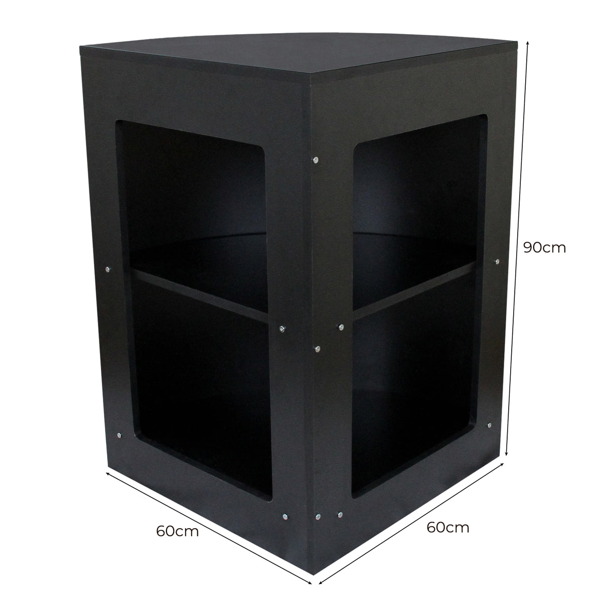 Eckiger Ladentresen in Schwarz mit zwei offenen Regalfächern, aus robustem Material, ideal für Verkaufsräume und Ausstellungen
