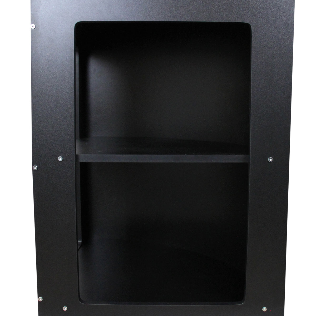 Eckiger Ladentresen in Schwarz mit zwei offenen Regalen, glatte Oberfläche und moderne, minimalistische Form, ideal für Verkaufsräume