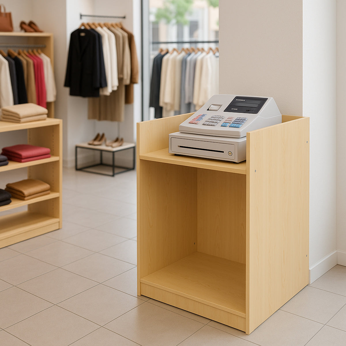 Kassentisch TB60 aus hellem Ahornholz, mit einem modernen Kassensystem, ideal für Einzelhandelsgeschäfte, minimalistisches Design und praktische Ablagefläche