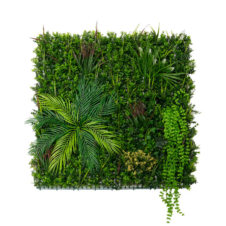Grüne Wandfliese mit verschiedenen Pflanzen, darunter große Palmenblätter und hängende Efeuranken, in lebendigen Grüntönen und natürlicher Textur