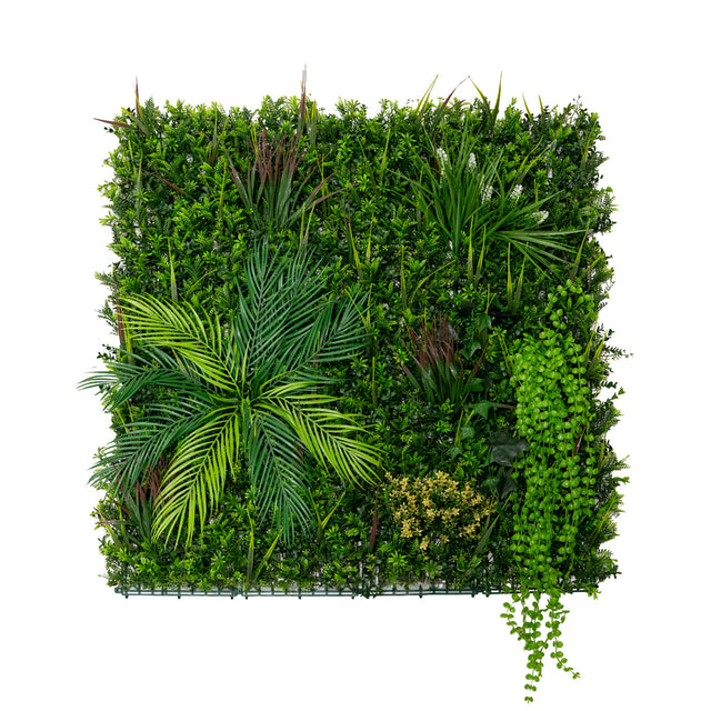 Grüne Wandfliese mit verschiedenen Pflanzen, darunter große Palmenblätter und hängende Efeuranken, in lebendigen Grüntönen und natürlicher Textur