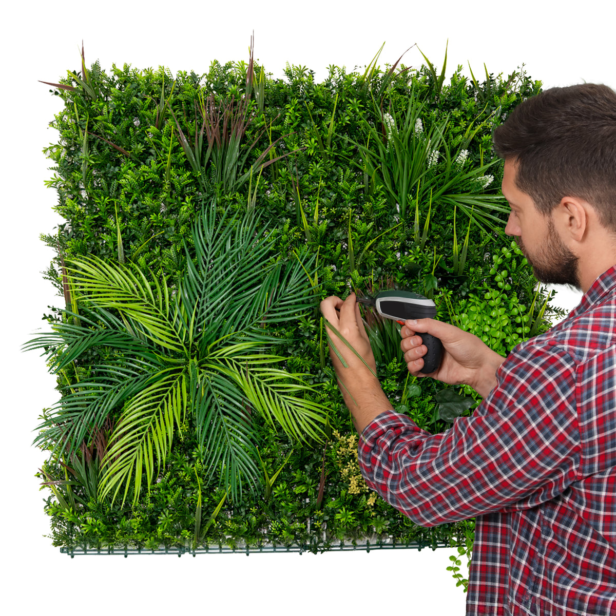 Künstliche Wandfliese in lebendigem Grün, 100 cm x 100 cm, mit verschiedenen Pflanzenarten, ideal für dekorative Akzente in Innenräumen