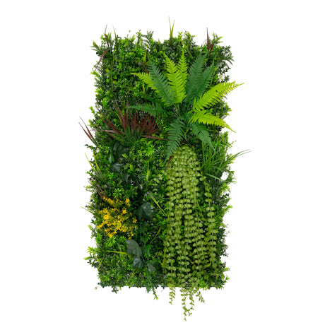 Künstliche Wandfliese in 50 cm x 100 cm, üppig grün mit verschiedenen Pflanzenarten, darunter Farne und hängende Pflanzen, realistische Texturen und Farben
