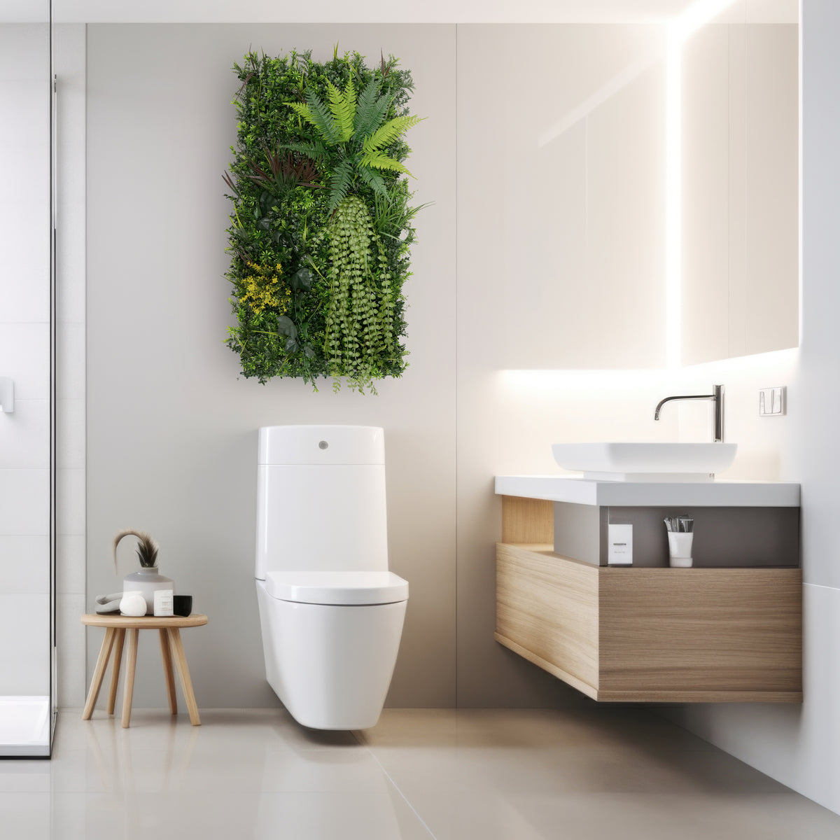 Künstliche Wandfliese in lebendigen Grüntönen mit verschiedenen Pflanzenarten, ideal für moderne Badezimmergestaltung und Akzentuierung