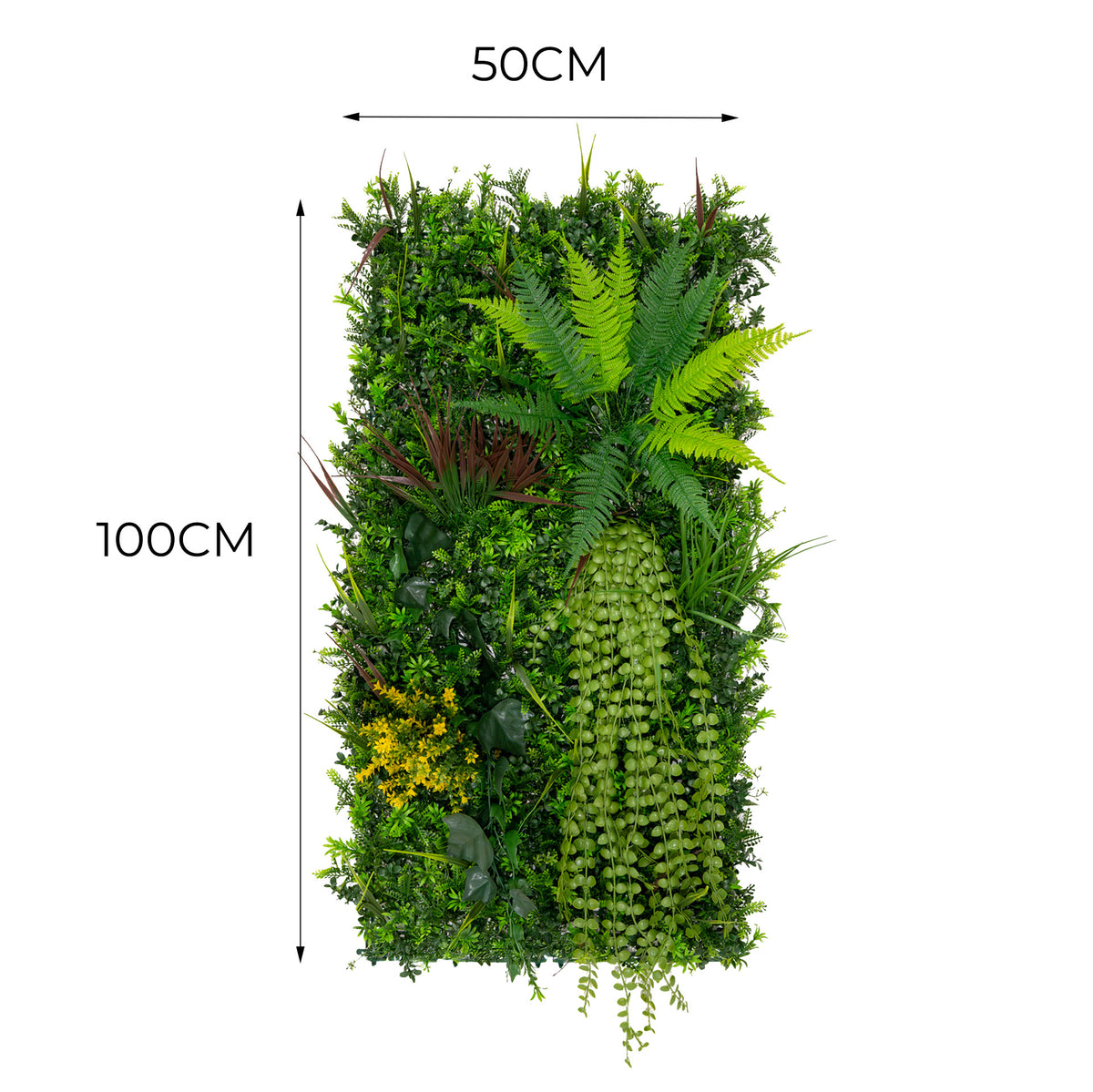 Künstliche Wandfliese in lebendigem Grün, 50 cm x 100 cm, mit verschiedenen Pflanzenarten, darunter Farne und hängende Pflanzen für einen natürlichen Look