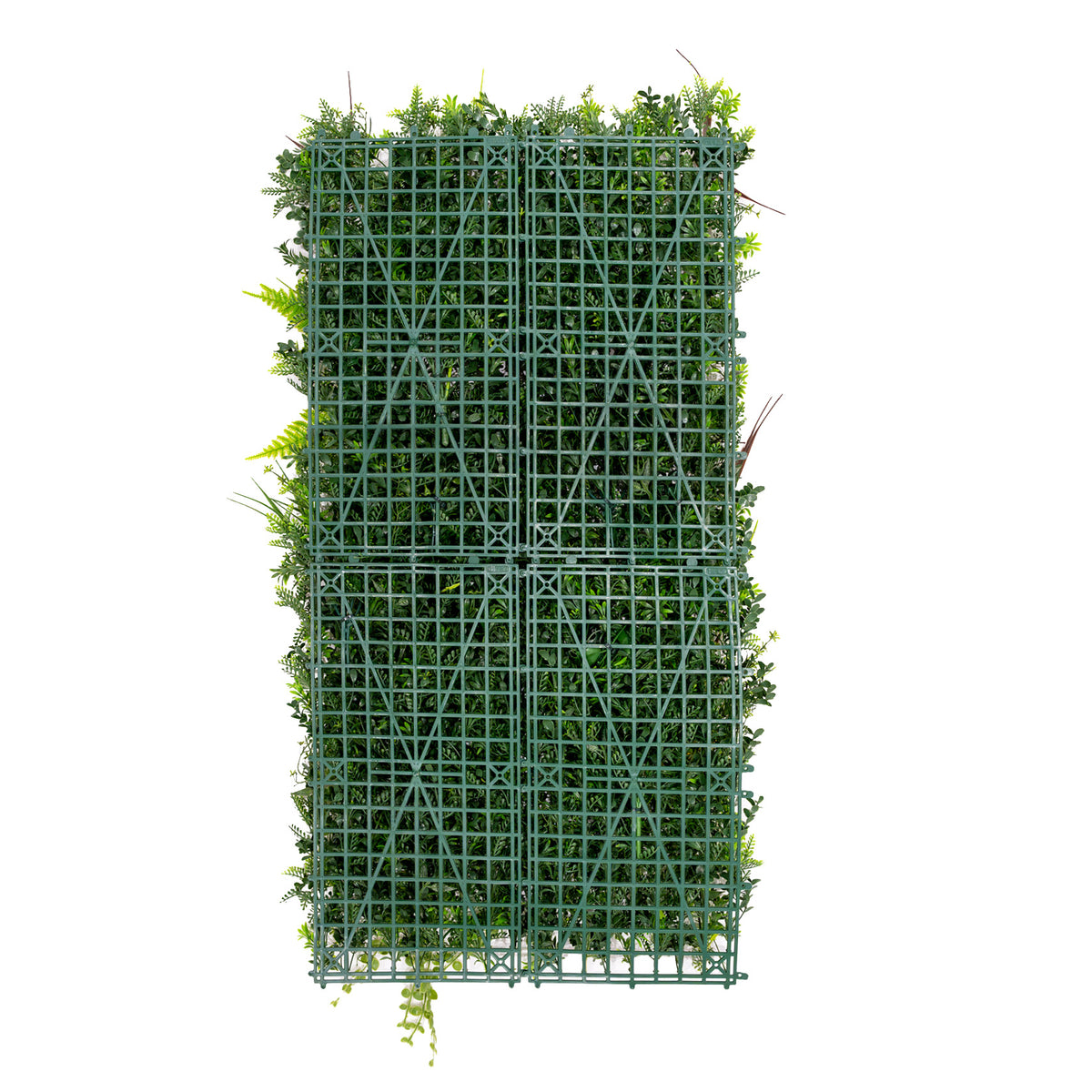 Künstliche Wandfliese in 50 cm x 100 cm, mit grünem Gitterrahmen und lebendigen, detailreichen Pflanzen für eine natürliche Wandgestaltung