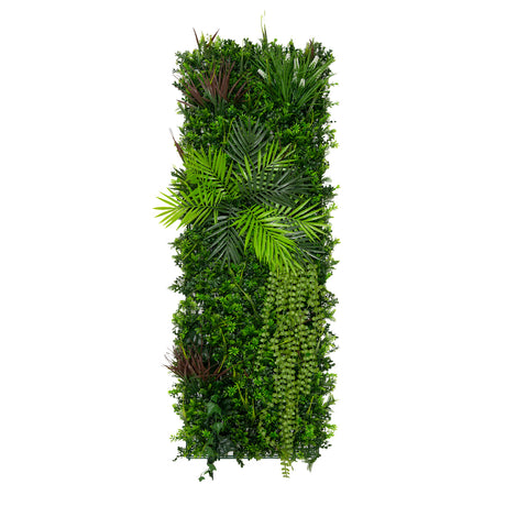 Künstliche Wandfliese in 50 cm x 150 cm mit üppigem grünem Blattwerk, verschiedenen Pflanzenarten und lebendigen Texturen für eine natürliche Atmosphäre