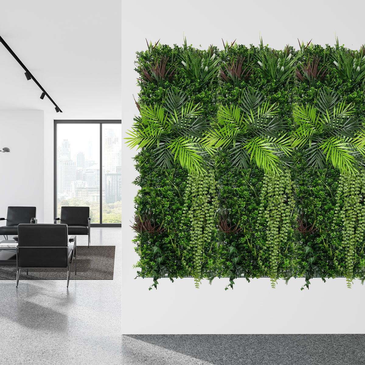 Künstliche Wandfliese in lebendigem Grün mit verschiedenen Pflanzenarten, ideal für moderne Innenräume und als dekoratives Element
