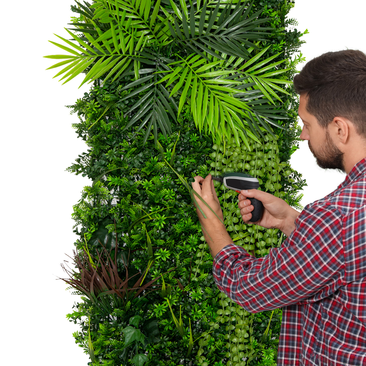 Künstliche Wandfliese in 50 cm x 150 cm, grüne Pflanzenstruktur mit verschiedenen Blättern und einer lebendigen, natürlichen Optik