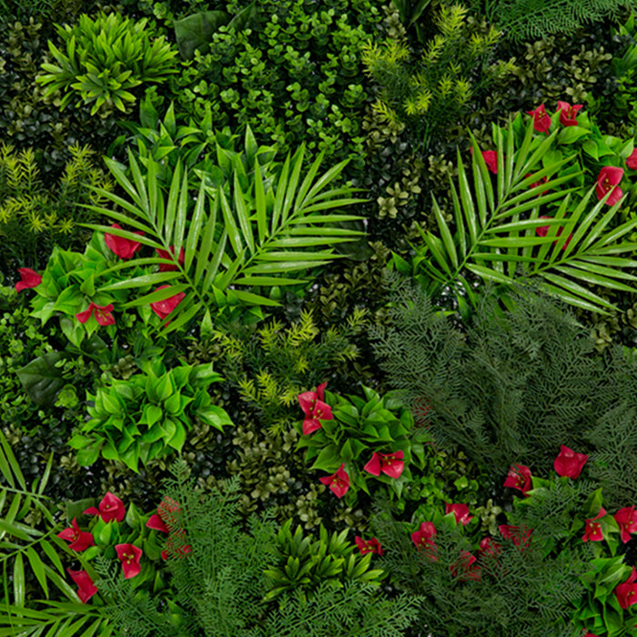 Künstliche Wandfliese mit üppigem grünem Blattwerk, roten Blumen und verschiedenen Pflanzenarten, ideal für dekorative Akzente in jedem Raum