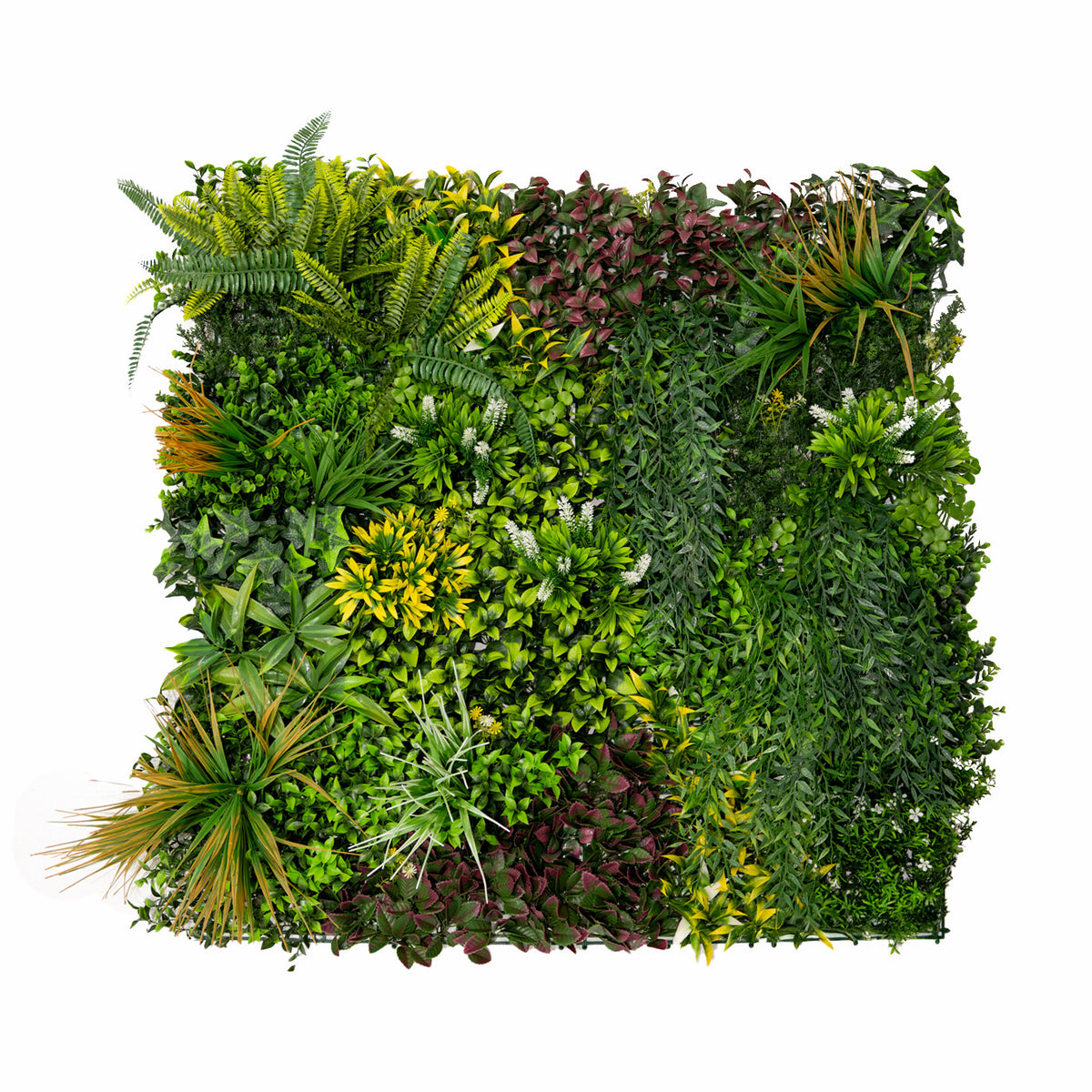 Künstliche Wandfliese in lebendigen Grüntönen mit verschiedenen Pflanzenarten, darunter Farne und Blüten, ideal für dekorative Akzente