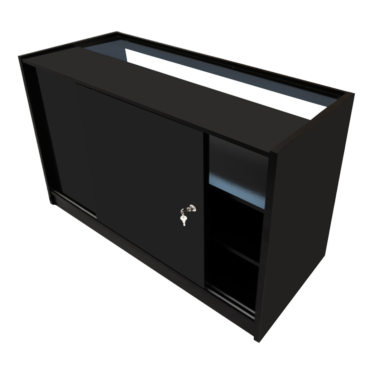 Schwarze LED-Ladentheke mit glatter Oberfläche, Schiebetür, beleuchtetem Oberteil und seitlichem Regal für zusätzlichen Stauraum