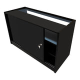 Schwarze LED-Ladentheke mit glatter Oberfläche, Schiebetür, beleuchtetem Oberteil und seitlichem Regal für zusätzlichen Stauraum