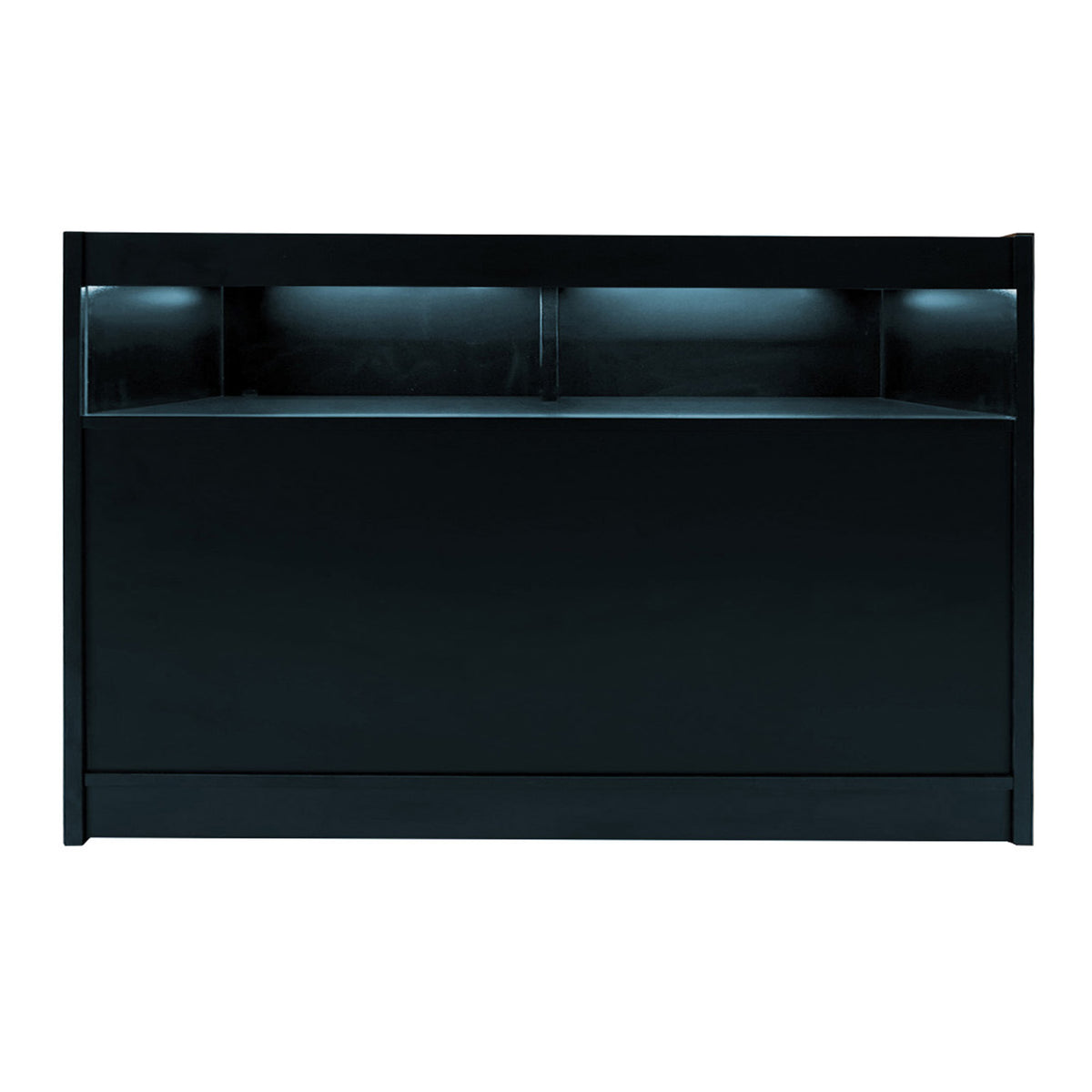 Schwarze LED-Ladentheke mit glatter Oberfläche, integrierter Beleuchtung und modernem Design, ideal für Verkaufsräume und Empfangsbereiche