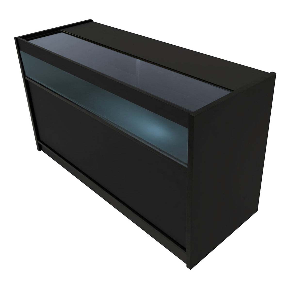 Schwarze LED-Ladentheke mit gläserner Oberseite, modernem Design und beleuchtetem Innenraum, ideal für Einzelhandelsgeschäfte und Ausstellungen