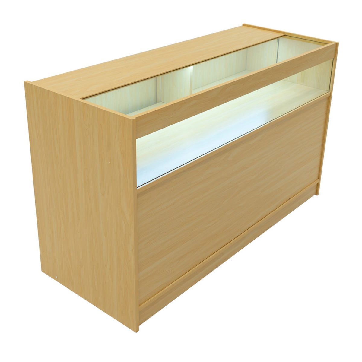 Moderne LED-Ladentheke aus Ahornholz mit glatter Oberfläche, beleuchtetem Display und großzügigem Stauraum für Produkte und Waren