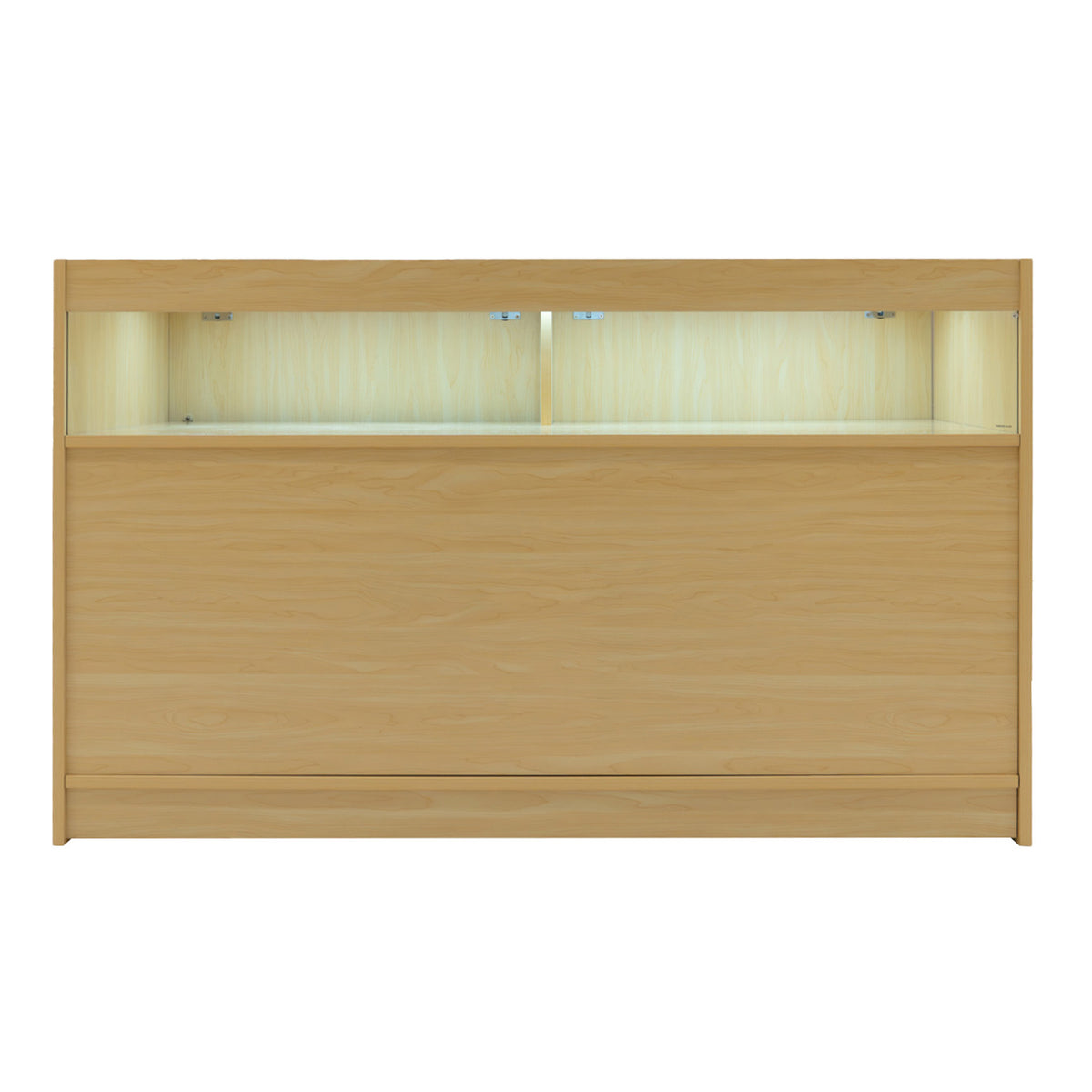 Moderne LED-Ladentheke aus hellem Ahornholz mit glatter Oberfläche, zwei integrierten Beleuchtungselementen und minimalistischer Formgebung
