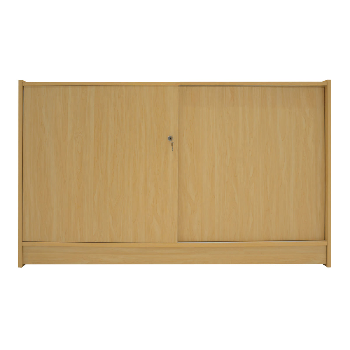Moderne LED-Ladentheke aus hellem Ahornholz mit zwei Schiebetüren, glatter Oberfläche und minimalistischer, eleganter Form für Verkaufsräume