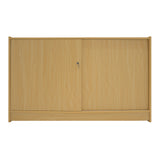 Moderne LED-Ladentheke aus hellem Ahornholz mit zwei Schiebetüren, glatter Oberfläche und minimalistischer, eleganter Form für Verkaufsräume