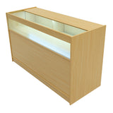 Moderne LED-Ladentheke aus hellem Ahornholz mit glatter Oberfläche, beleuchtetem Display und minimalistischer, eleganter Form für Verkaufsräume