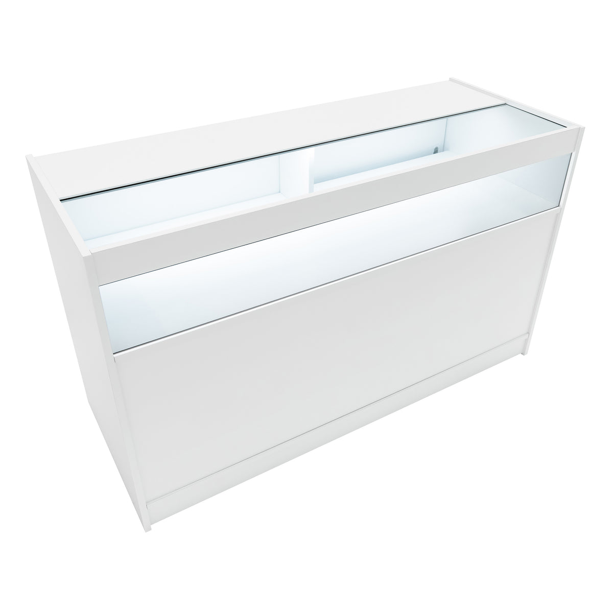 Moderne, weiße LED-Ladentheke mit glatter Oberfläche und beleuchtetem Glasbereich, ideal für die Präsentation von Produkten im Einzelhandel