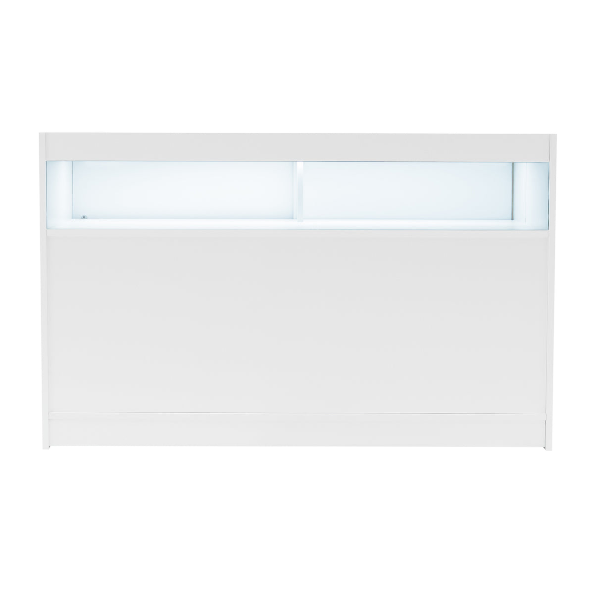 Moderne weiße LED-Ladentheke mit glatter Oberfläche, integrierter Beleuchtung und zwei transparenten Fächern für eine ansprechende Präsentation