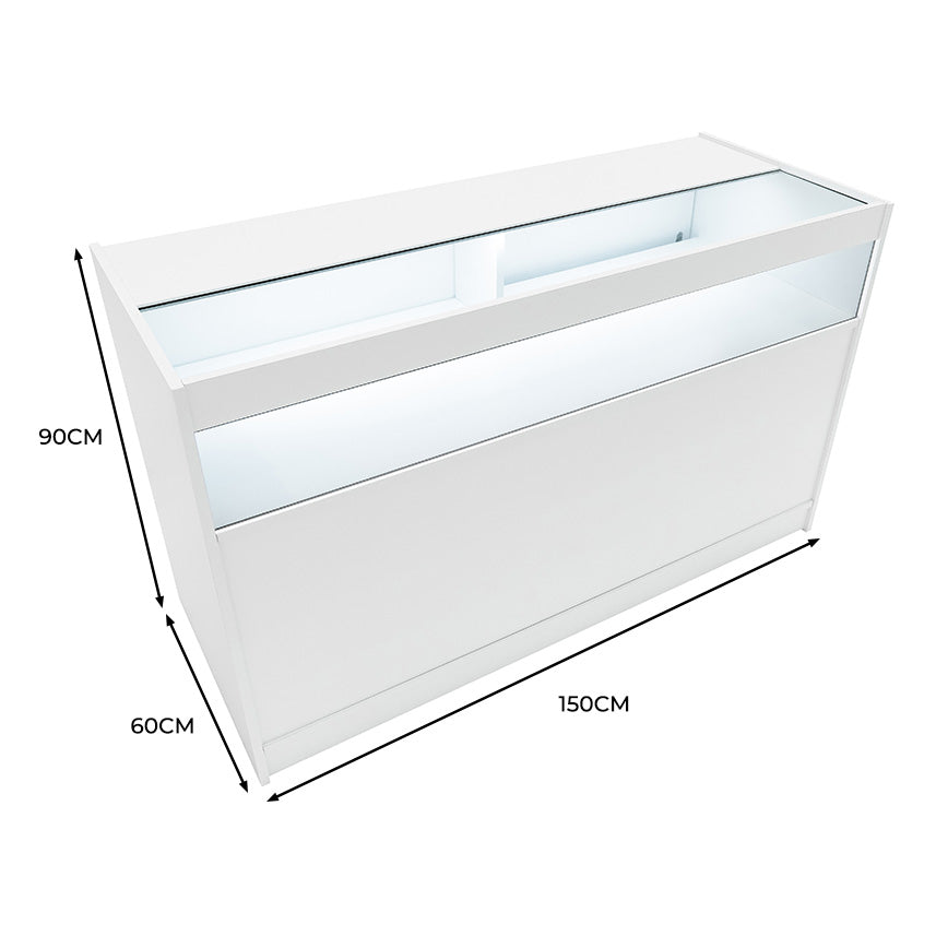 Moderne, weiße LED-Ladentheke mit klaren Linien, 150 cm lang, 90 cm hoch und 60 cm tief, ideal für Verkaufsräume und Ausstellungen