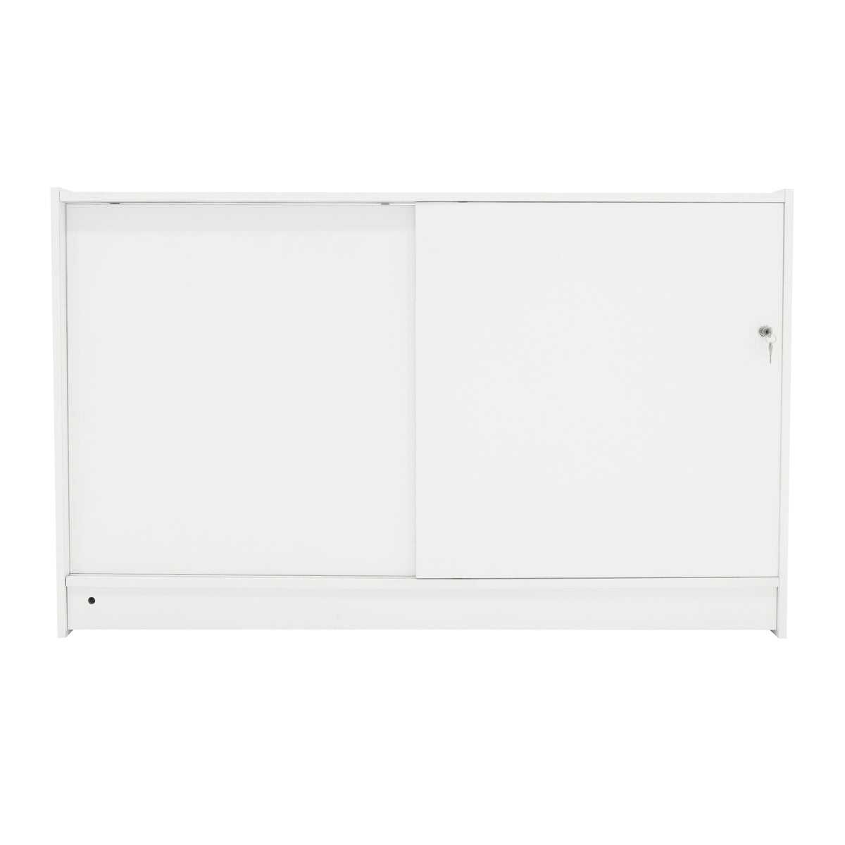 Moderne, weiße LED-Ladentheke mit glatter Oberfläche, zwei Schiebetüren und minimalistischer Gestaltung, ideal für Verkaufsräume und Ausstellungen