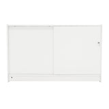 Moderne, weiße LED-Ladentheke mit glatter Oberfläche, zwei Schiebetüren und minimalistischer Gestaltung, ideal für Verkaufsräume und Ausstellungen