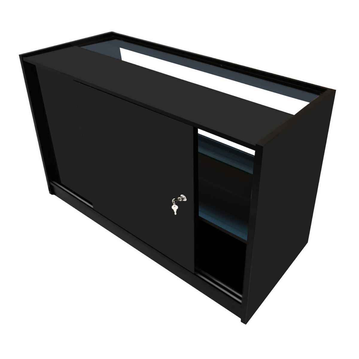 Schwarze LED-Ladentheke mit glatter Oberfläche, Schiebetür und offenen Regalen, ideal für moderne Verkaufsräume und Ausstellungen