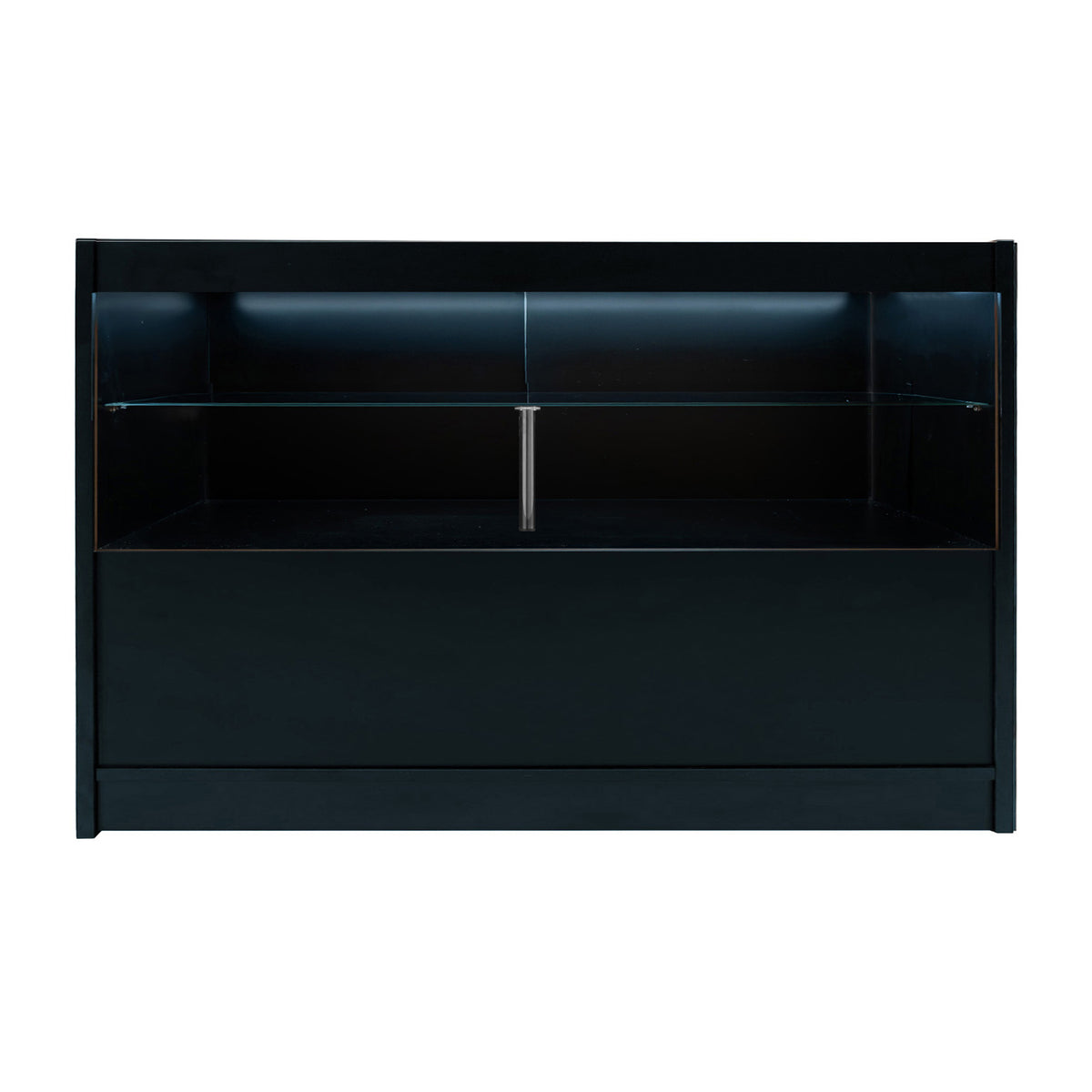Schwarze LED-Ladentheke mit glatter Oberfläche, beleuchtetem oberen Regal und geräumigem Stauraum, ideal für moderne Verkaufsräume