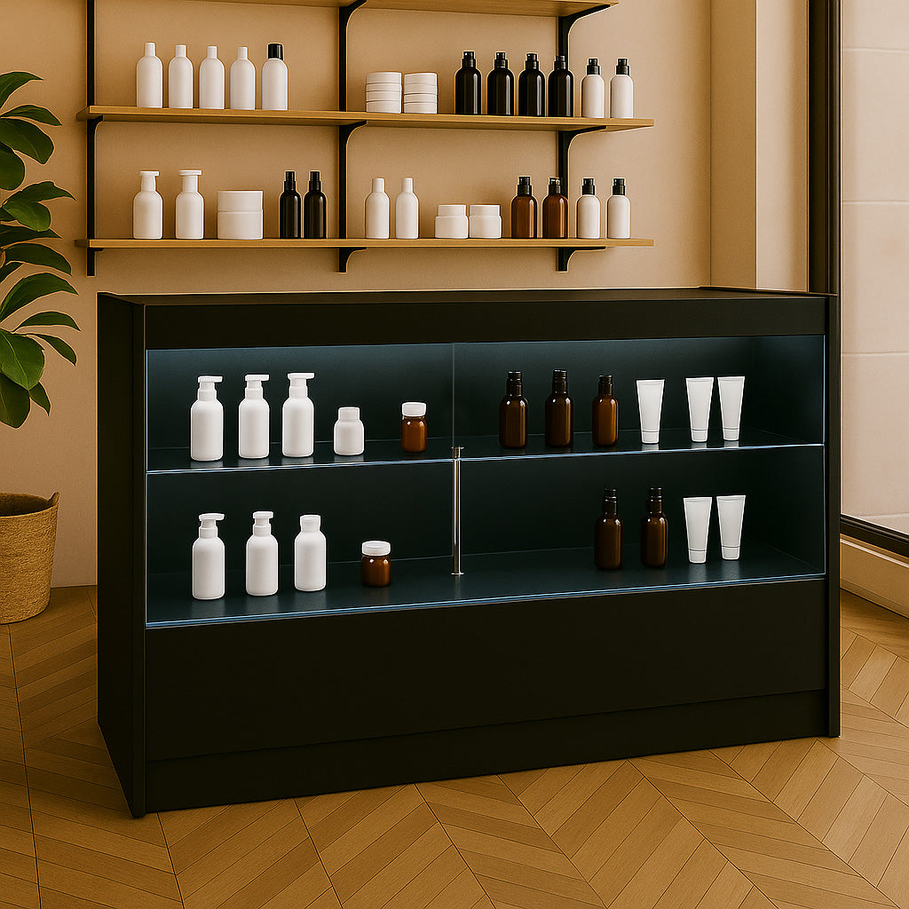 Schwarze LED-Ladentheke mit beleuchteten Regalen, präsentiert Pflegeprodukte in verschiedenen Flaschen und Tuben auf einem modernen Holzfußboden