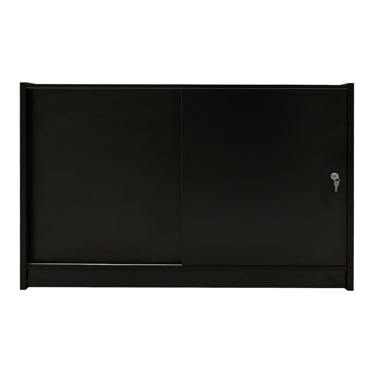 Schwarze LED-Ladentheke mit glatter Oberfläche, eleganten Linien und einem modernen, minimalistischen Design, ideal für Verkaufsräume