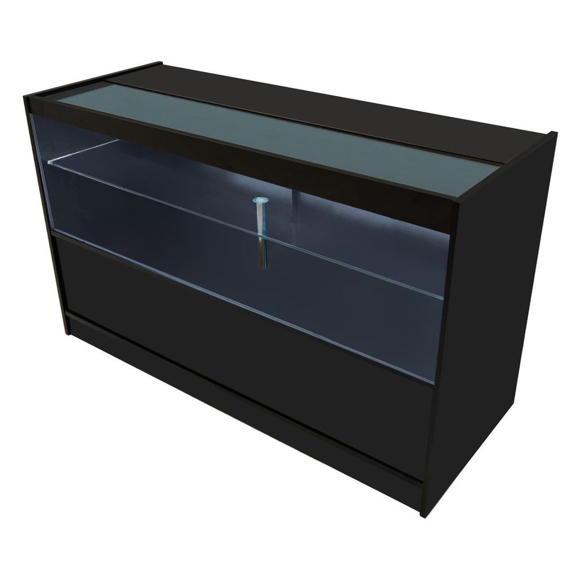 Schwarze LED-Ladentheke mit glatter Oberfläche, beleuchtetem Glasbereich und modernem, minimalistischen Design für stilvolle Präsentation